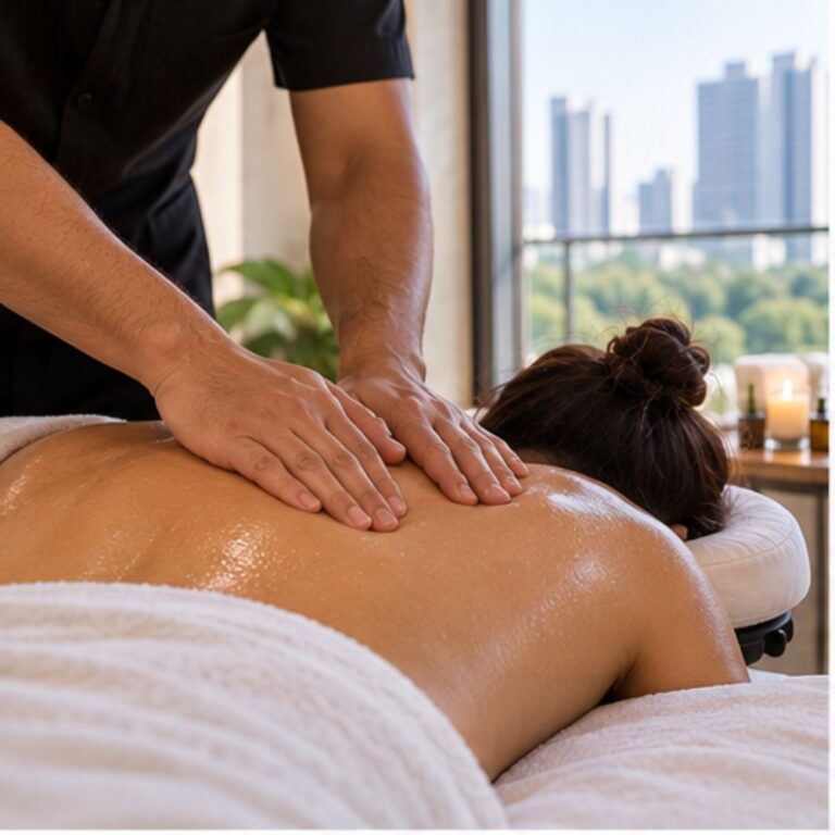 Back massage by male masseur at a Dubai Marina apartment
